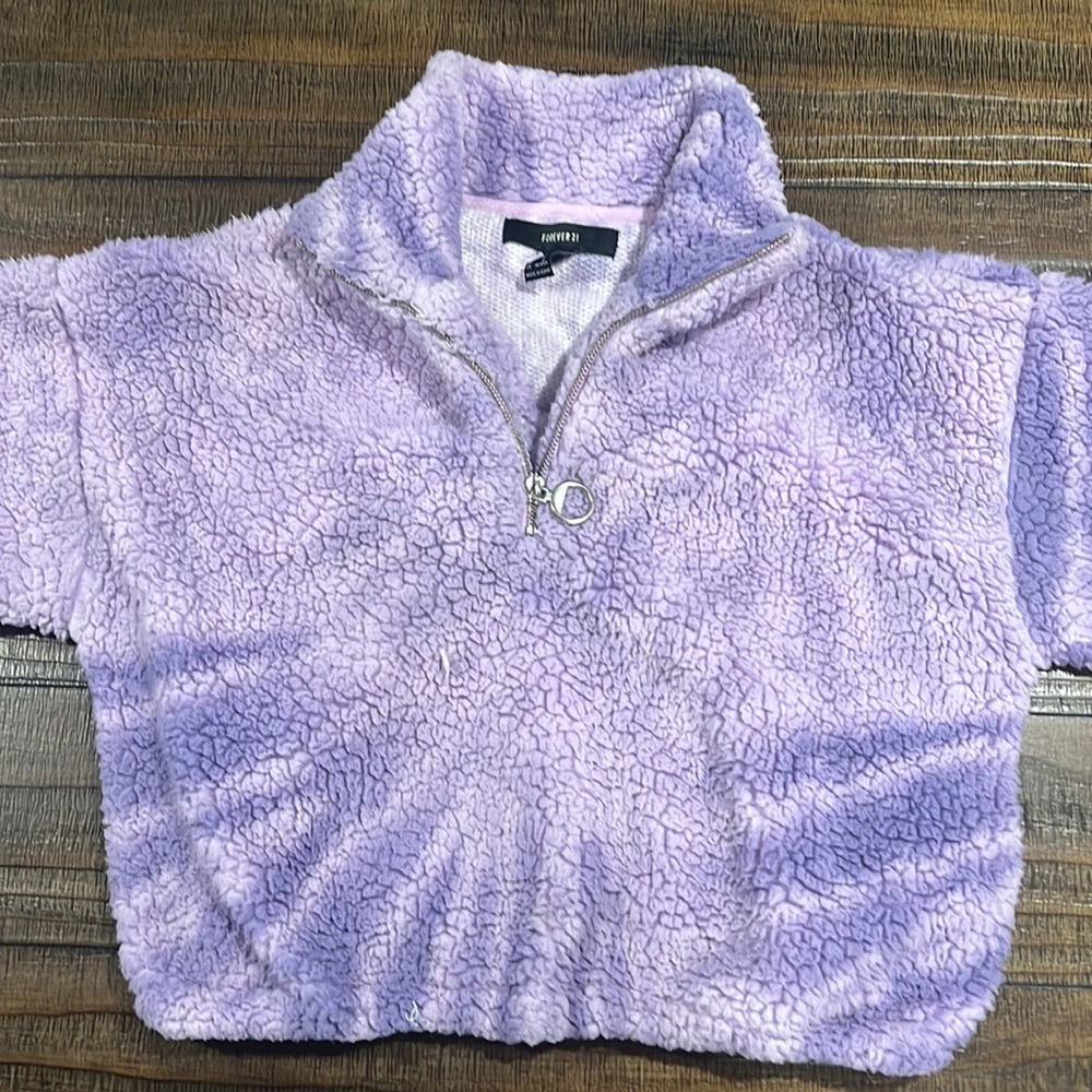 F21 Forever 21 Fluffy Purple Tie Dye Jacket Crop Top Hoodie Faux